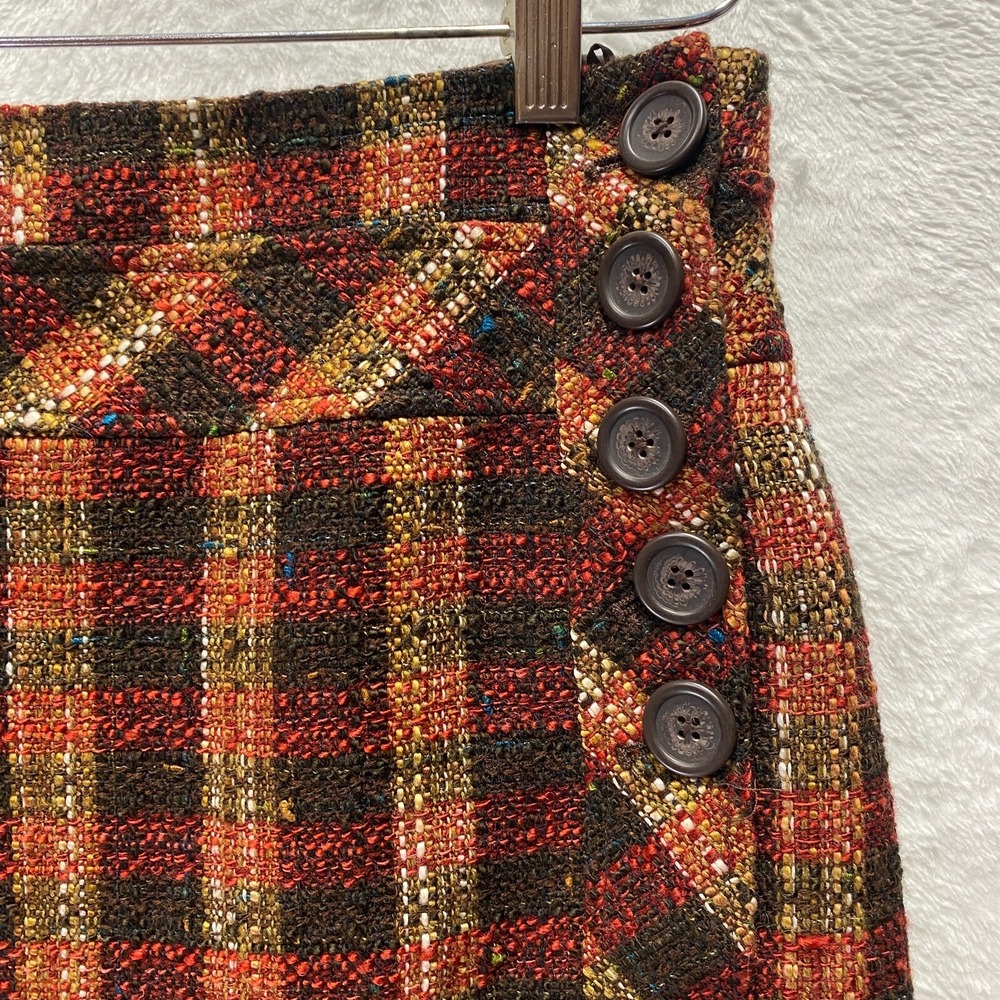 Dressbarn Tweed Short Skirt Wool Blend Sz 8 Brown Plaid Buttons Equestrian Fall - Picture 2 of 9